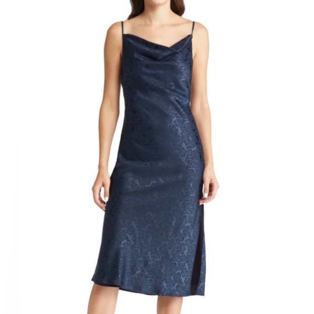 Lulu’s NWT You're My Type Midnight Blue Satin Jacquard Midi Slip Dress